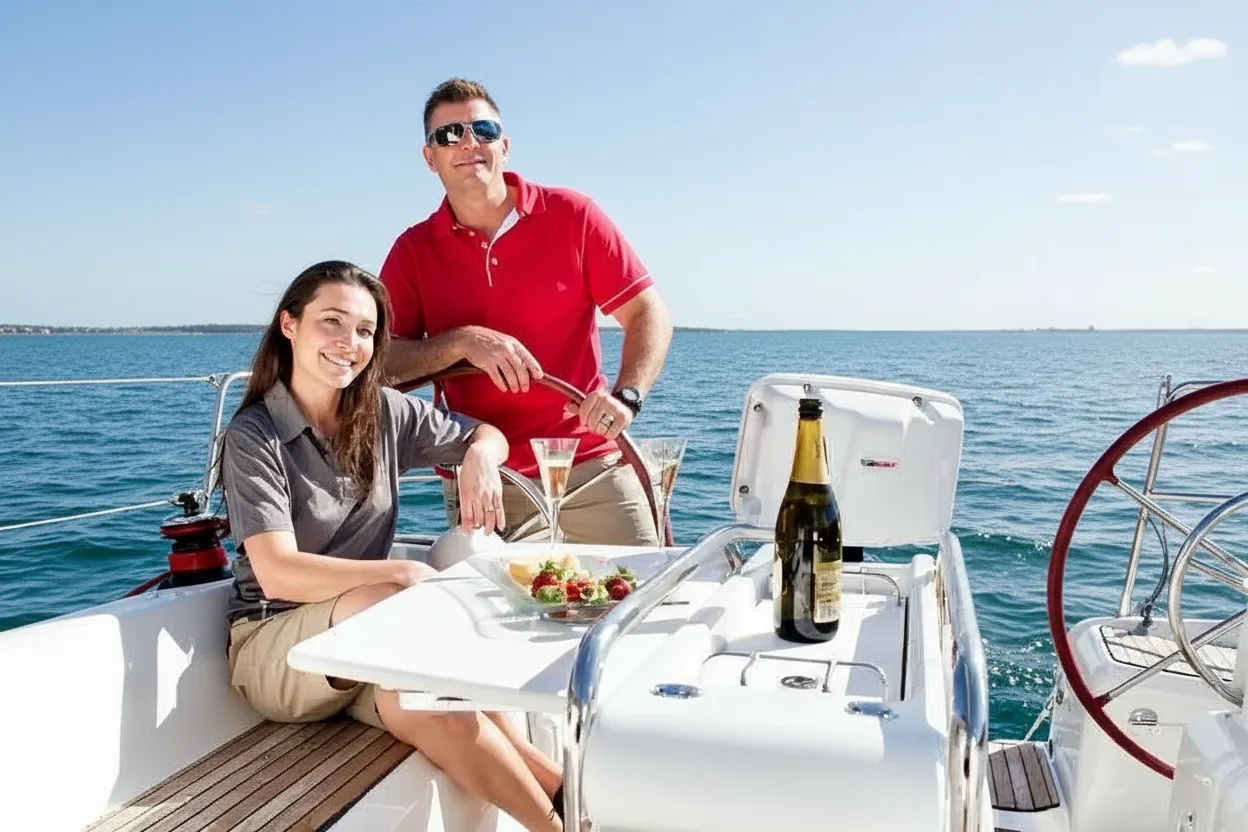 Pareja a bordo de un velero evaluando el uso antes de comprar un barco de segunda mano
