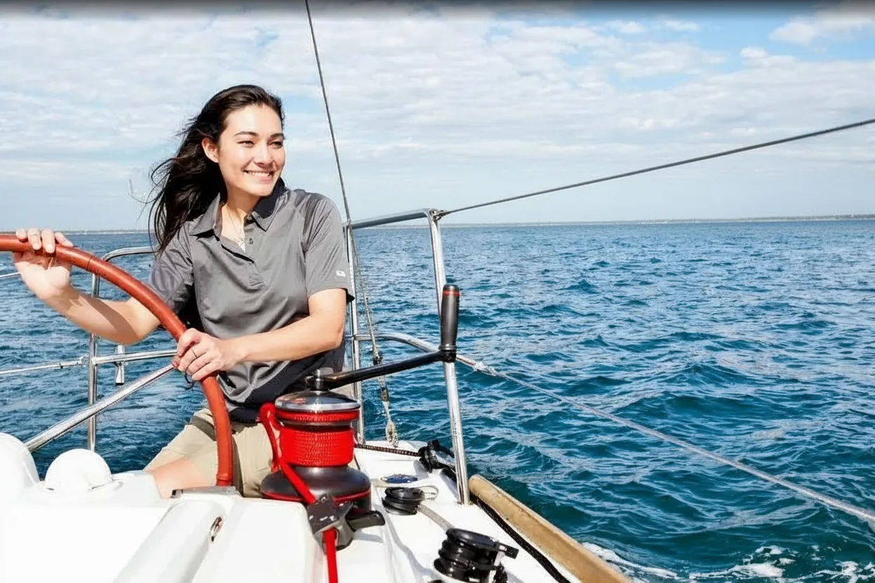 Navegante realizando una prueba de mar antes de comprar un barco de segunda mano