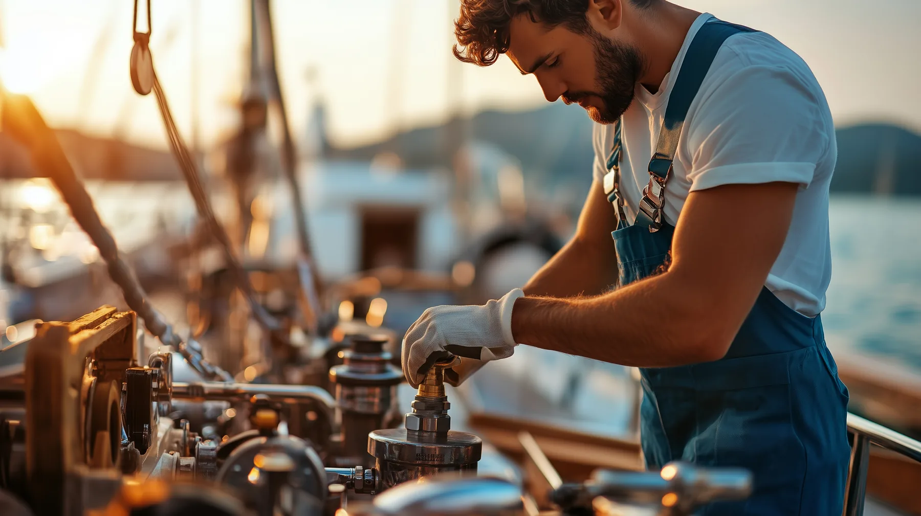 Técnico revisando sistemas de una embarcación antes de una inspección y prueba de mar